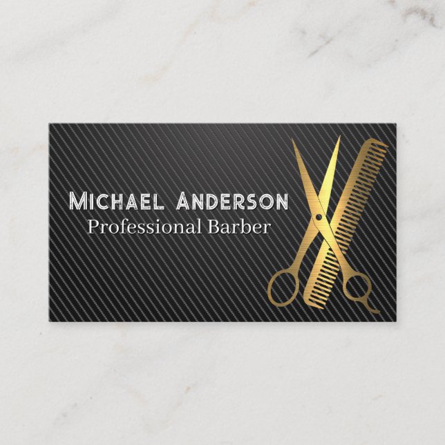 Gold Scissors and Comb | Carbon Fibre Business Card (Front)