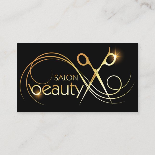 Gold scissors and hair curl business card (Front)
