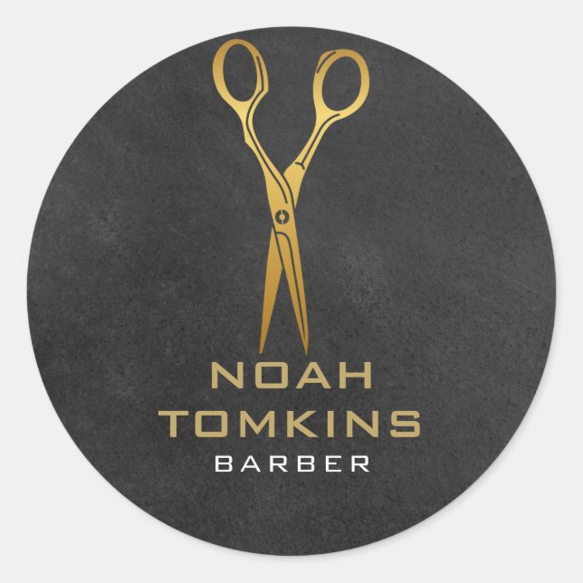 Gold Scissors Barber Chalkboard Classic Round Sticker (Front)