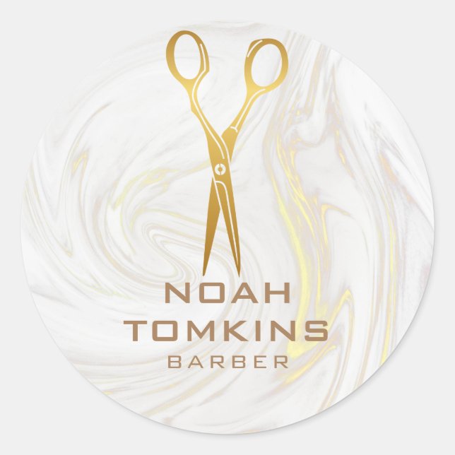 Gold Scissors Barber Marble Swirls Classic Round Sticker (Front)