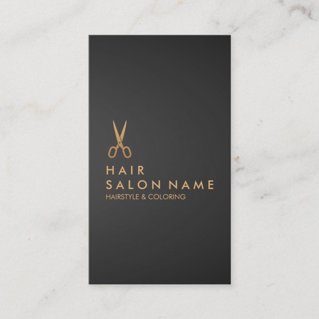 Gold Scissors Hair Stylist Black Gradient Vertical Business Card (Front)