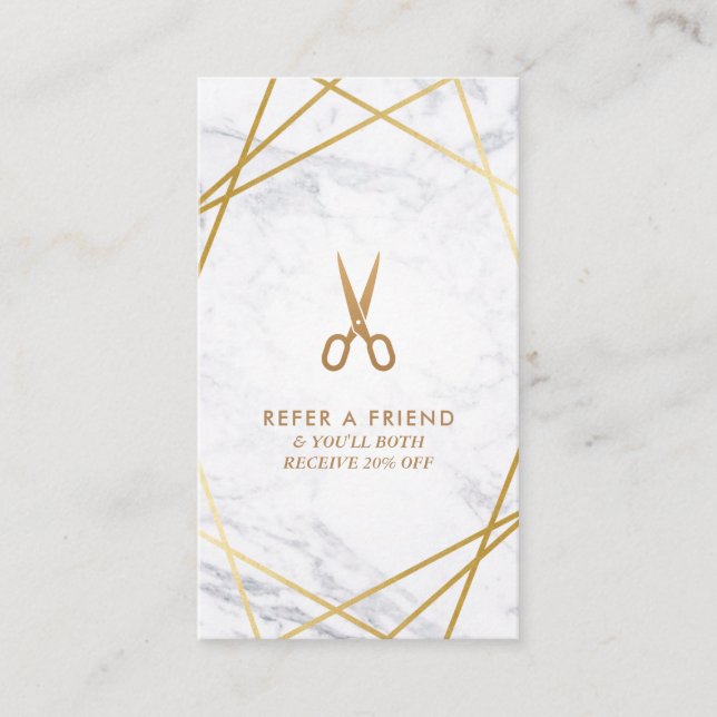 Gold Scissors Marble HairStylist Referral Vertical Business Card (Front)