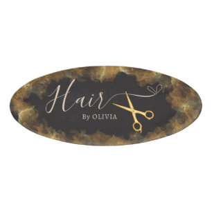Gold Scissors Pink Hair Cut Beauty Salon Elegant Name Tag