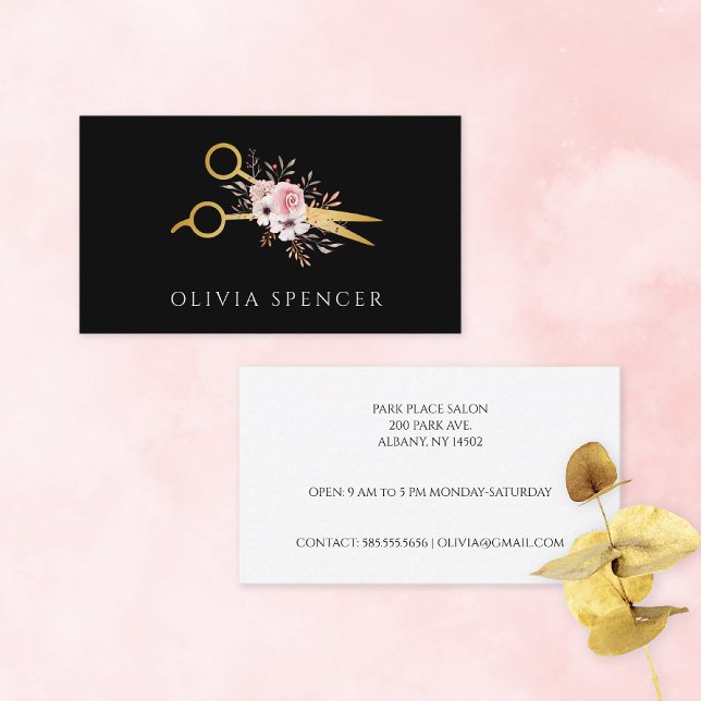 Gold Scissors Roses Hair Stylist Business Card (Creator Uploaded)