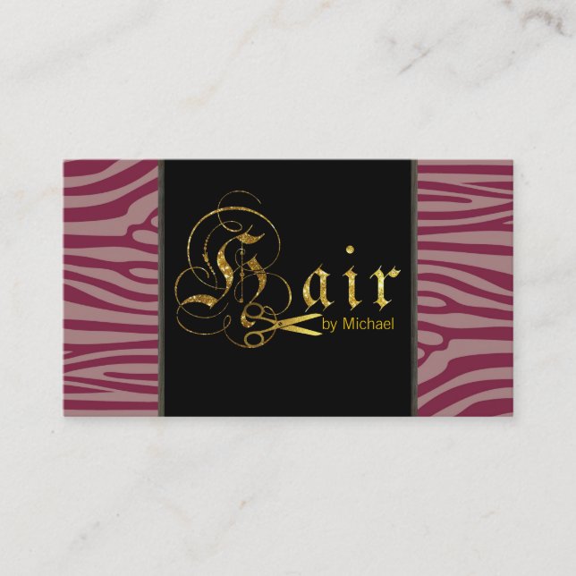 Gold Scissors Script Hair Stylist Modern Zebra #10 Business Card (Front)