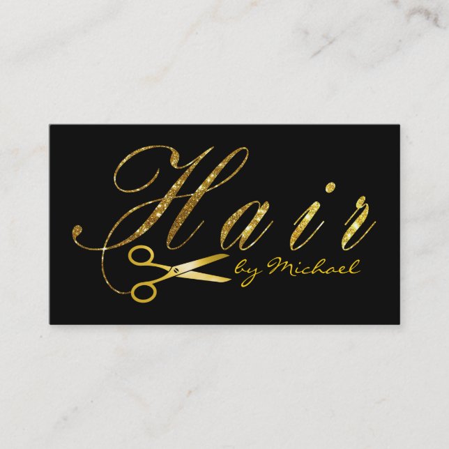 Gold Scissors Script Hair Stylist Salon #4 Business Card (Front)