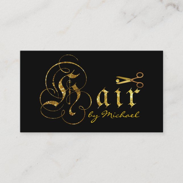 Gold Scissors Script Hair Stylist Salon #8 Business Card (Front)