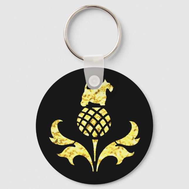 Gold Scottie Thistle Personalise Key Ring (Front)