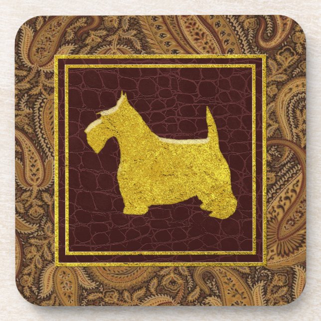 Gold Scottish Terrier Paisley and Leather Patterns Coaster (Front)