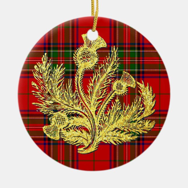 Gold Scottish Thistle on Plaid Ceramic Ornament (Front)