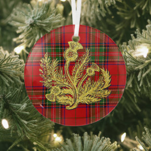 Gold Scottish Thistle on Plaid Glass Tree Decoration