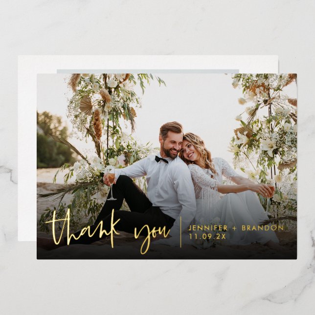 Gold Scrip Elegant Thank you Wedding Photo Card (Front/Back)