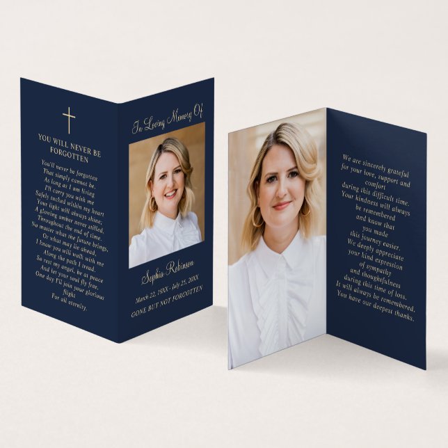 Gold Script 2 Photo Blue Memorial Folder Card (Inside and Outside)