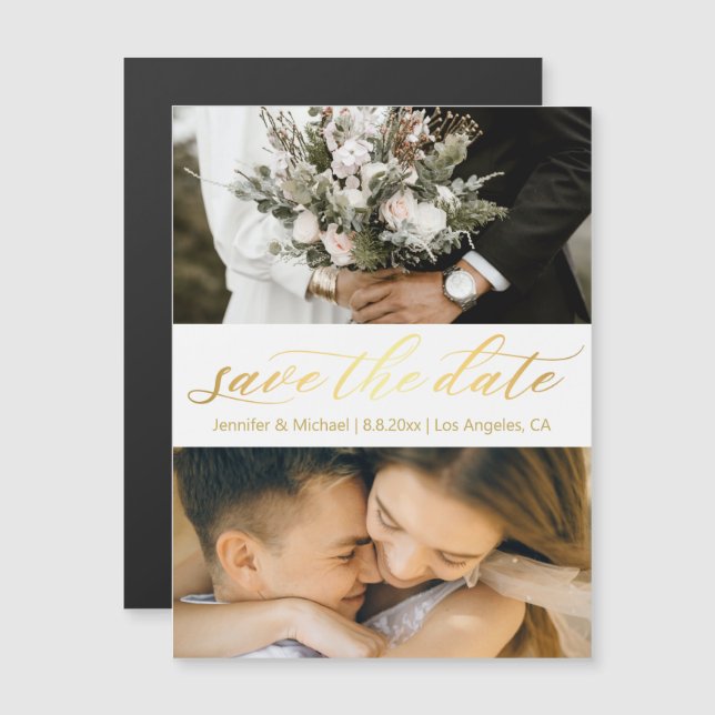 gold script 2 photos save the date magnet (Front/Back)