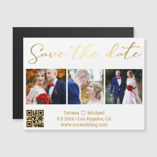 Gold Script 3 Photo QR Code Save The Date Magnet