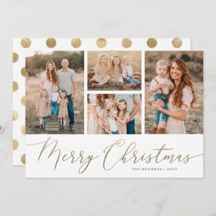 Gold Script 4 Photos Merry Christmas Flat  Holiday Card