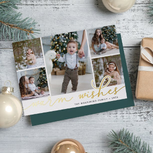 Gold Script   5 Photo Collage Warm Wishes Foil Holiday Card