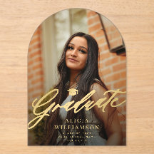 Gold script acrylic photo graduation announcement