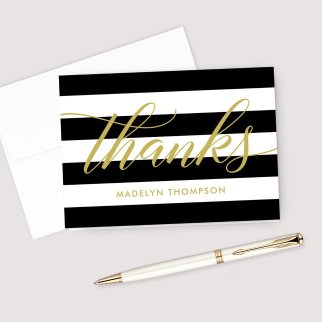 Gold Script Black and White Stripes Wedding Thank You Card (Creator Uploaded)