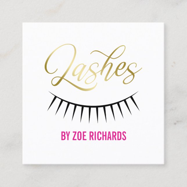 Gold Script & Black Lashes Square Business Card (Front)