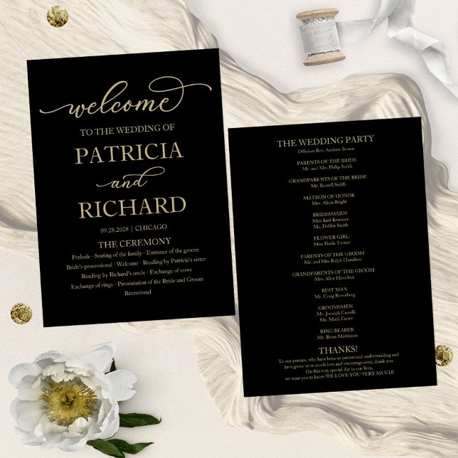 Gold Script Black Wedding Ceremony Program (Creator Uploaded)