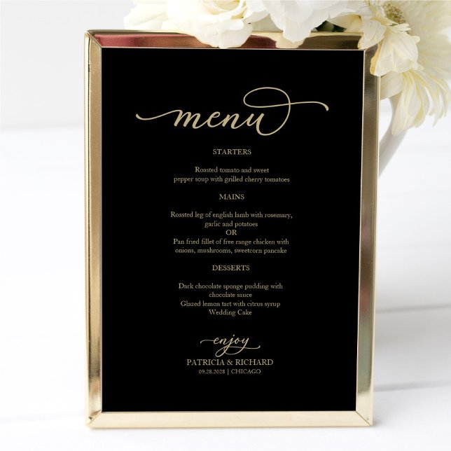 Gold Script Black Wedding Menu Sign (Creator Uploaded)