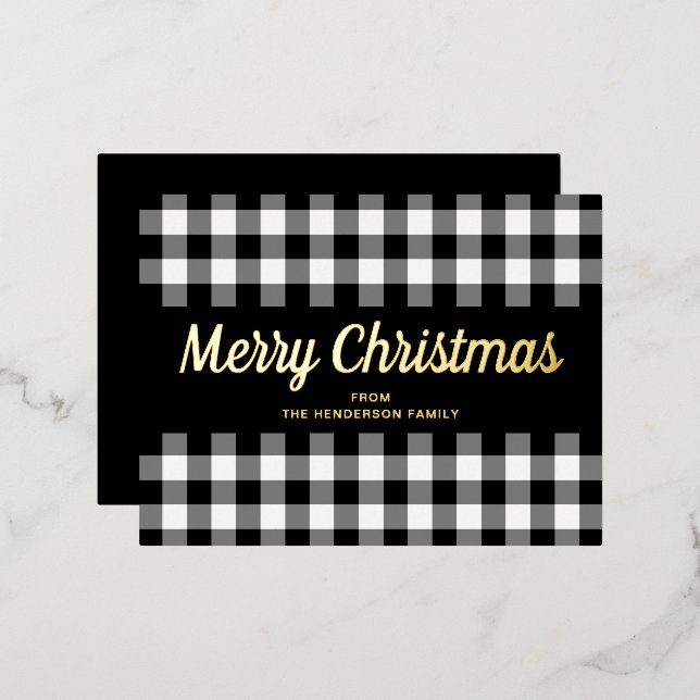 Gold Script Black White Gingham Merry Christmas Foil Holiday Postcard (Front/Back)