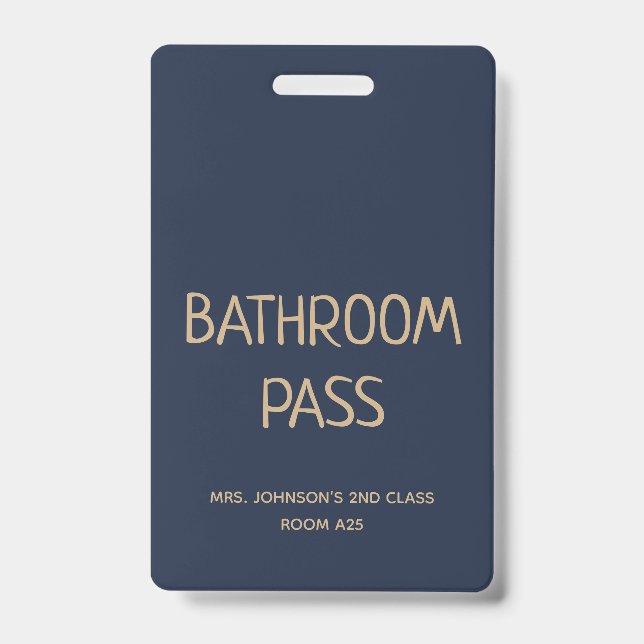 Gold Script Blue Back To School Bathroom Hall Pass ID Badge (Front)