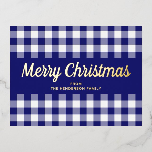 Gold Script Blue Gingham Merry Christmas Foil Holiday Postcard (Front)