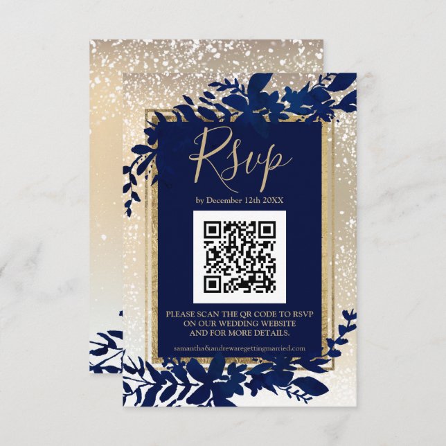 gold script blue leaf snow elegant winter QR rsvp (Front/Back)