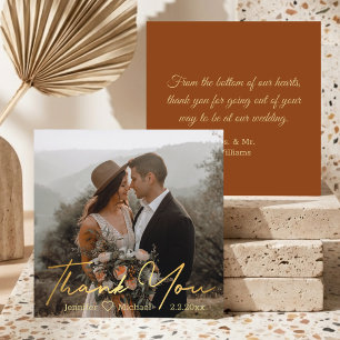 Gold Script Boho Rustic Photo Wedding Thank You Card