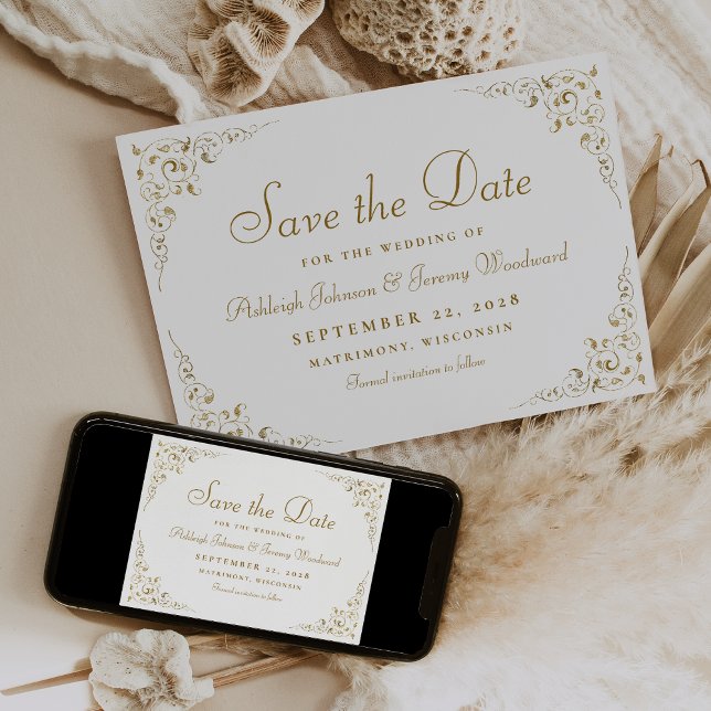 Gold Script Botanical Frame Wedding Save The Date (Creator Uploaded)