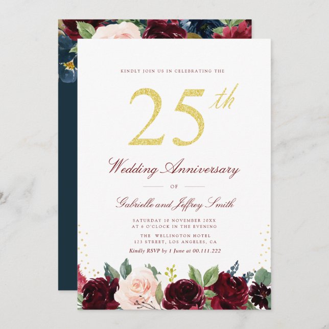 gold script burgundy navy 25th wedding anniversary invitation (Front/Back)