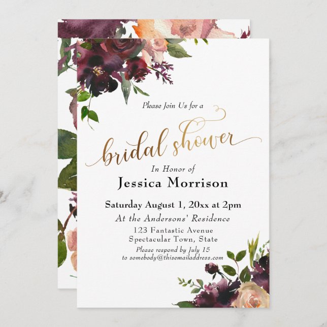Gold Script Burgundy Painted Flowers Bridal Shower Invitation (Front/Back)