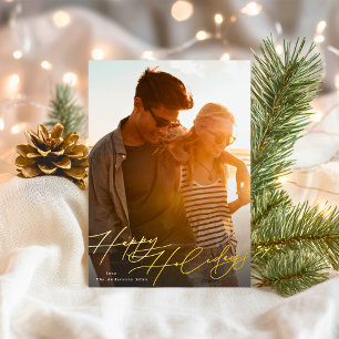 Gold Script Calligraphy Happy Christmas Photo Foil Holiday Card