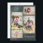 Gold script chalkboard 4 photo collage Christmas Holiday Card<br><div class="desc">Upload two horizontal and two vertical photos,  add your signature,  your family name monogram and date and send this classy elegant gold and navy Christmas holiday flat card featuring a big "Christmas Blessings " typography script on a chalkboard background.</div>