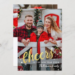 Gold Script Cheers to the New Year 2 Photo Holiday Card