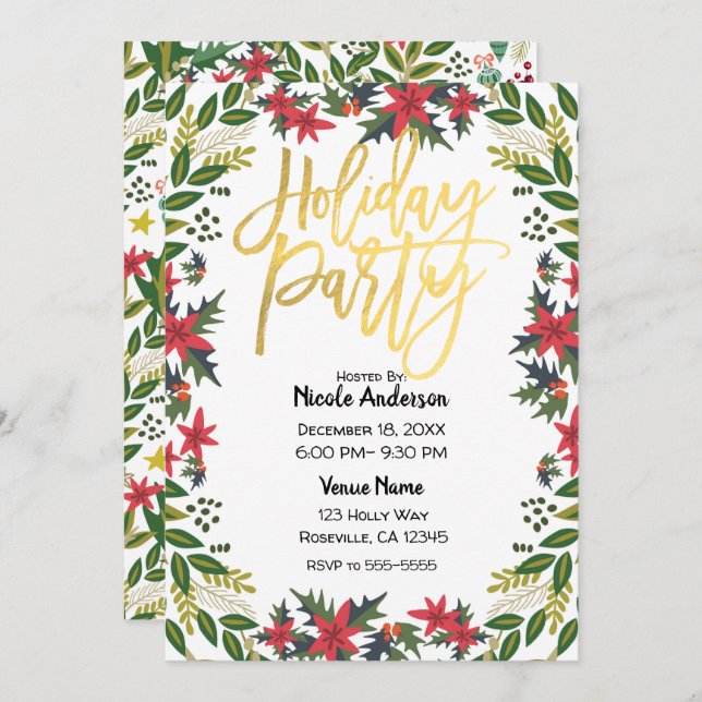 Gold Script Christmas Holiday Party Floral Rustic Invitation (Front/Back)