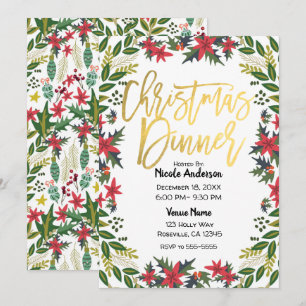 Gold Script Christmas Holiday Party Floral Rustic Invitation