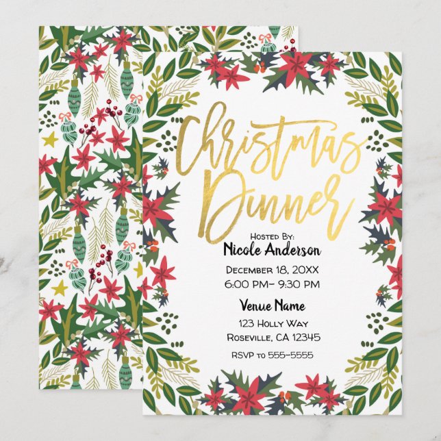 Gold Script Christmas Holiday Party Floral Rustic Invitation (Front/Back)