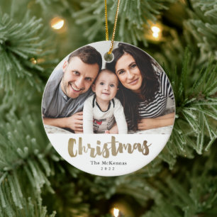 Gold Script Christmas photo family holiday Ceramic Ceramic Ornament