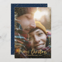 Gold script Christmas stars 1 photo blue holiday