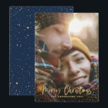 Gold script Christmas stars 1 photo blue holiday Card<br><div class="desc">Gold scripted stars merry Christmas 1 photo holiday card. With a gold effect script text and gold effect design,  navy blue back ground colour can be change to suit your style.</div>