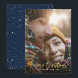 Gold script Christmas stars 1 photo blue holiday Card<br><div class="desc">Gold scripted stars merry Christmas 1 photo holiday card. With a gold effect script text and gold effect design,  navy blue back ground colour can be change to suit your style.</div>