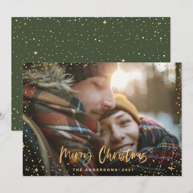 Gold script Christmas stars 1 photo green holiday Card (Front/Back)