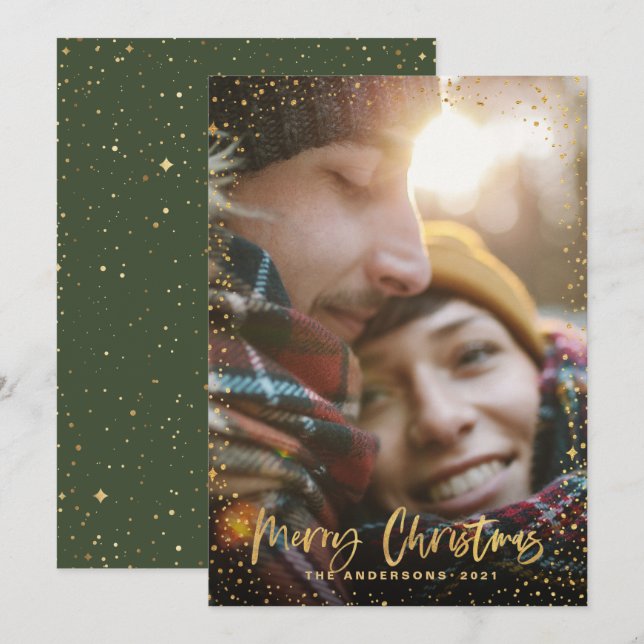 Gold script Christmas stars 1 photo green holiday Card (Front/Back)