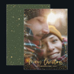Gold script Christmas stars 1 photo green holiday Card<br><div class="desc">Gold scripted stars merry Christmas 1 photo holiday card. With a gold effect script text and gold effect design,  green back ground colour can be change to suit your style.</div>