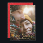 Gold script Christmas stars 1 photo red holiday<br><div class="desc">Gold scripted stars merry Christmas 1 photo holiday card. With a gold effect script text and gold effect design,  red back ground colour can be change to suit your style.</div>