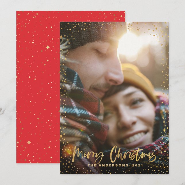 Gold script Christmas stars 1 photo red holiday Card (Front/Back)