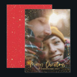 Gold script Christmas stars 1 photo red holiday Card<br><div class="desc">Gold scripted stars merry Christmas 1 photo holiday card. With a gold effect script text and gold effect design,  red back ground colour can be change to suit your style.</div>